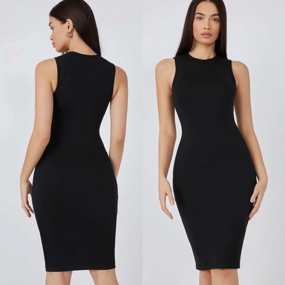 Minimalist high neck bodycon midi dress mocha tan - Picture 2 of 11
